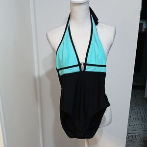 La Blanca Black and Blue Halter One-Piece Swimsuit